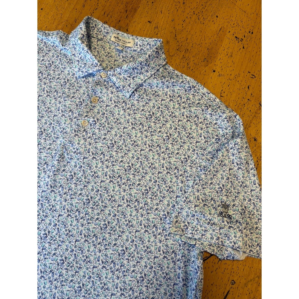 Peter Millar Polo Shirt Men L  Blue‎ Summer Comfort Caddyshack Print Gopher Golf